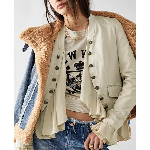 Women’s Beige Casual Ruffle Steampunk Blazer High Low Hem Cotton Jacket - Picture 4 of 7